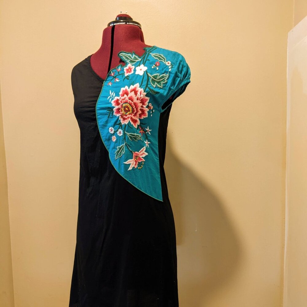 Embroidered Asymmetrical Turquoise Black Traditional Mini Dress Tunic Size Small
